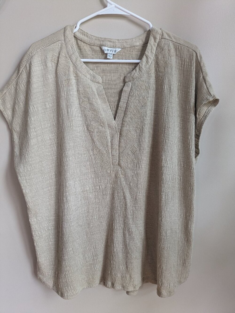 orvis woman's blouse size XXL khaki color v neck embroidered short sleeve #730